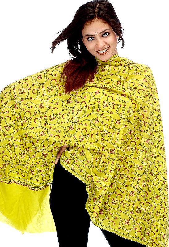 Yellow-Green Tusha Shawl from Kashmir with All-Over Jaal Embroidery