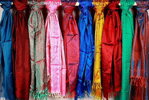 Lot of Ten Pure Silk Jamawar Stoles with Tanchoi Weave