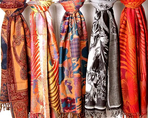 Lot of Five Jamawar Stoles with All-Over Weave