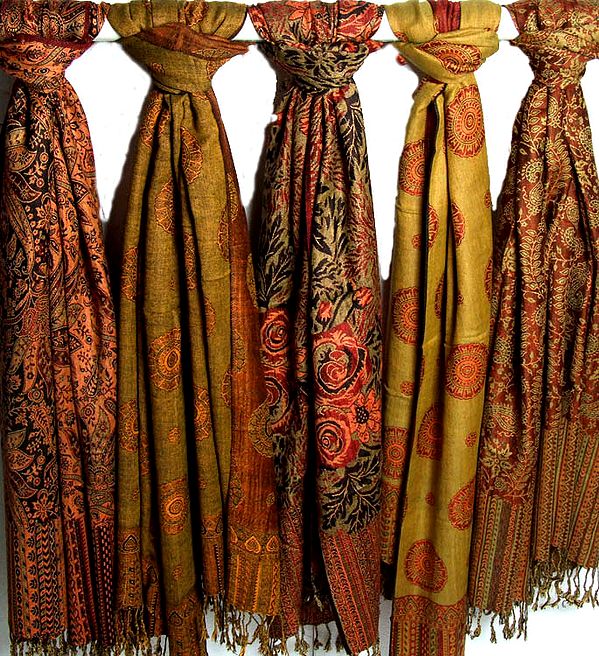Lot of Five Jamawar Scarves with All-Over Weave