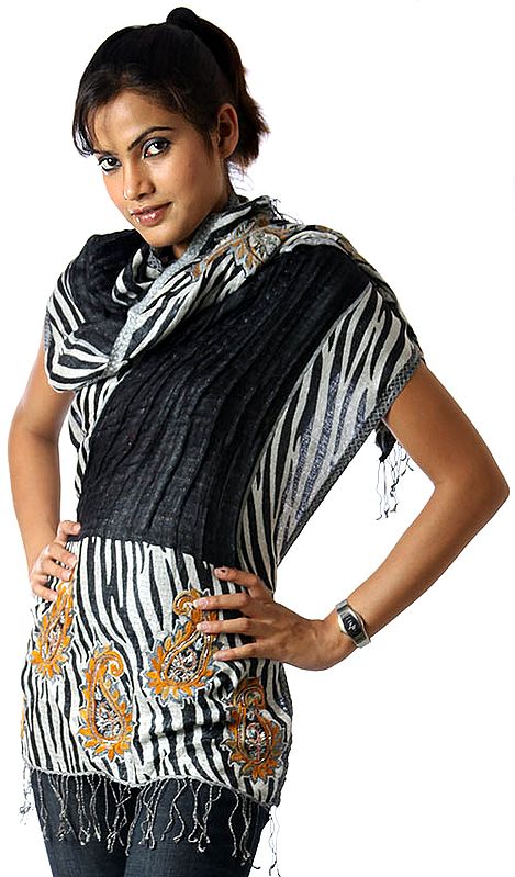 Zebra Designer Stole with Embroidered Paisleys and Sequins