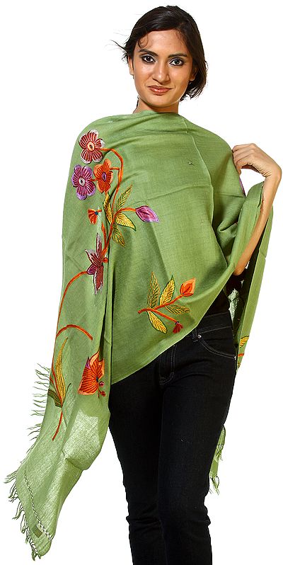 Zephyr-Green Kashmiri Stole with Hand-Embroidered Flowers