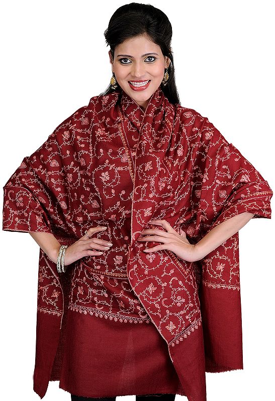 Zinfandel-Burgundy Tusha Stole with All-Over Hand-Embroidery