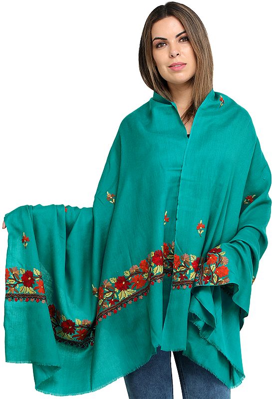 Viridian-Green Plain Shawl from Kashmir with Hand Aari-Embroidered Flowers on Border