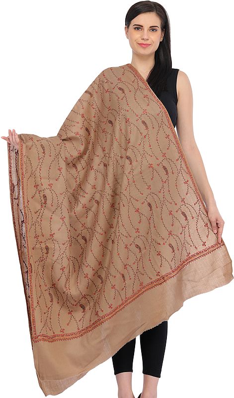 Toasted-Almond Handloom Shawl from Kashmir with Sozni Embroidery All-Over
