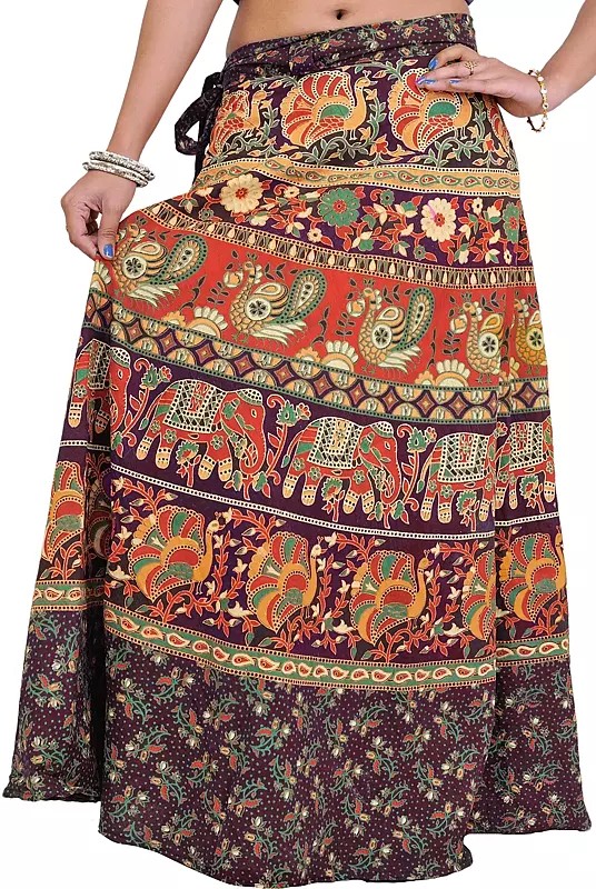 Wrap-On Long Skirt from Pilkhuwa with Printed Paisleys and Elephants