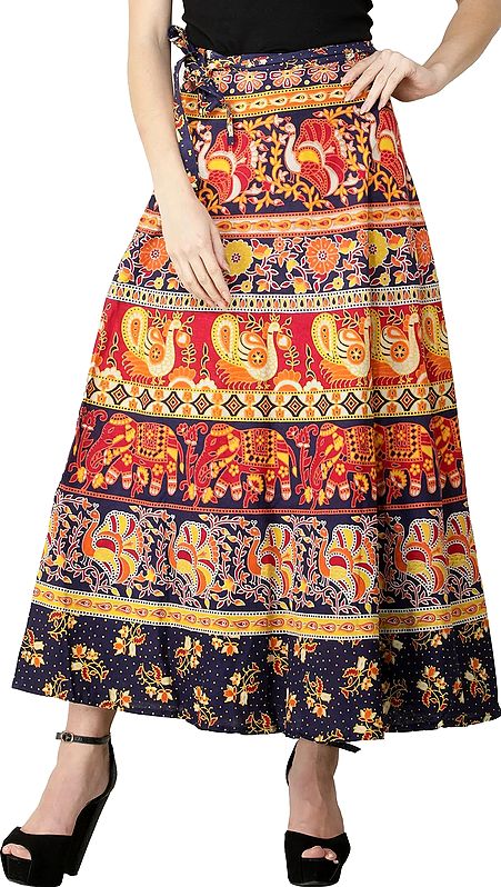 Wrap-On Long Skirt from Pilkhuwa with Printed Paisleys and Elephants