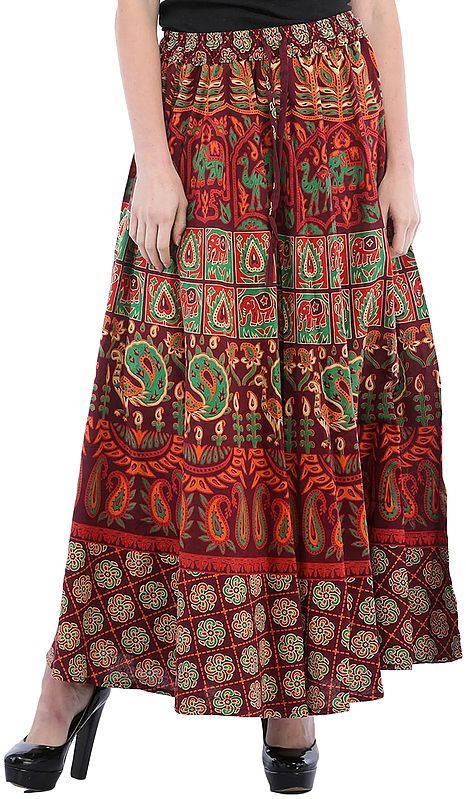 Sanganeri Long Skirt with Printed Elephants and Peacocks