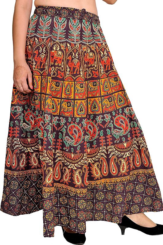 Sanganeri Long Skirt with Printed Elephants and Peacocks