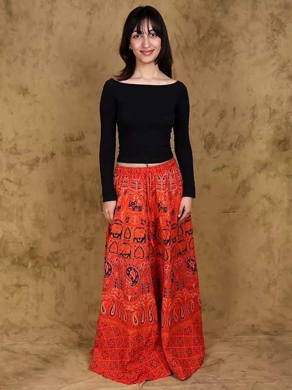 Sanganeri Long Skirt with Printed Elephants and Peacocks