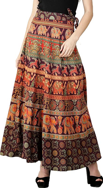 Wrap-Around Long Skirt with Printed Elephants and Deer