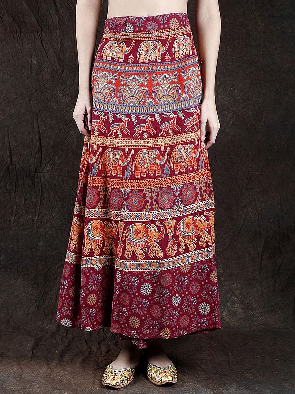 Wrap-Around Long Skirt with Printed Elephants and Deer