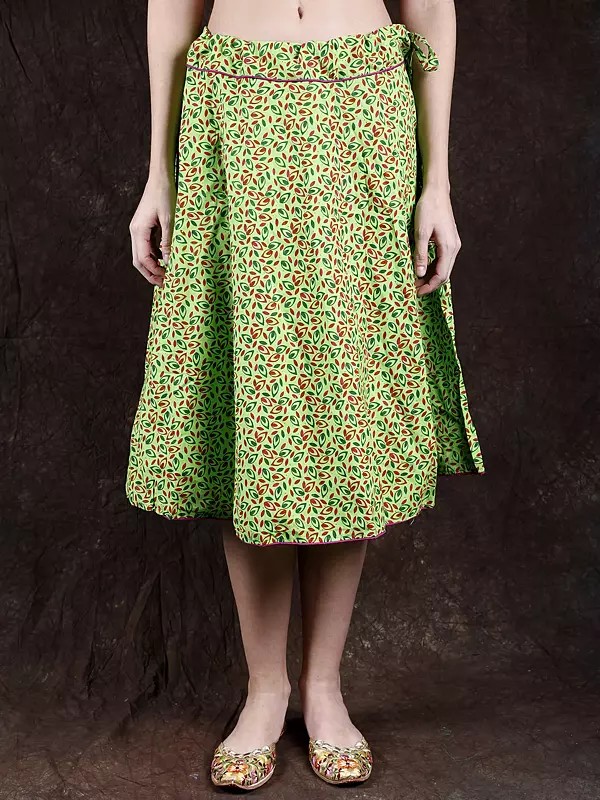 Flash-Green Drawstring Midi Skirt with Printed Leaves and Piping