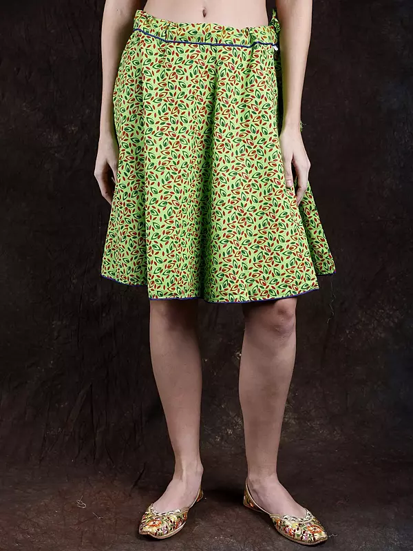 Bright-Lime Green Drawstring Short Skirt with Printed Leaves
