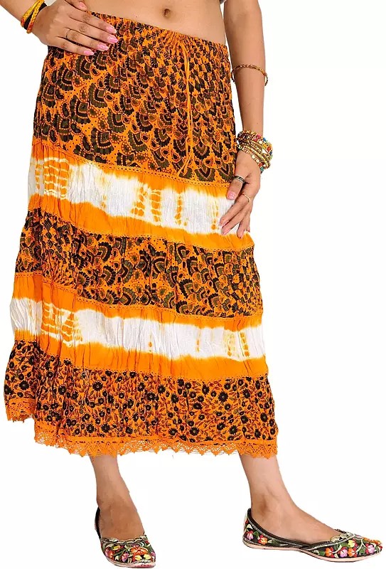 Batik-Dyed Midi Skirt with Printed Flowers