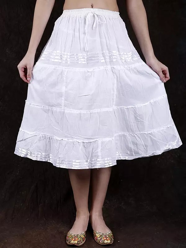 Plain Elastic-Waist Midi Skirt with Lace