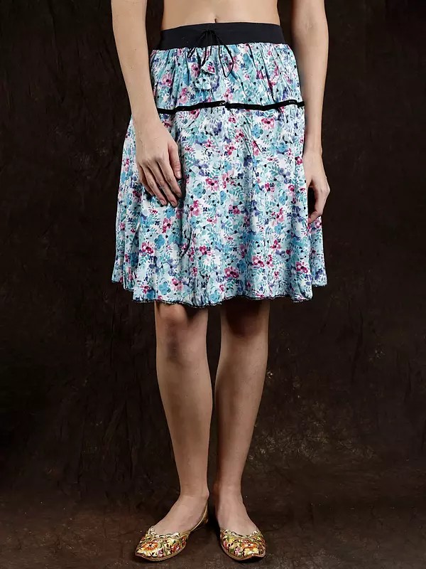 Plume-Blue Floral Printed Short Skirt with Black Elastic Waist