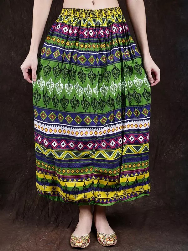 Mint-Green Long Crinkled Skirt with Printed Motifs