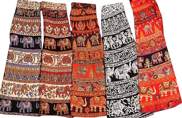Lot of Five Wrap-Around Sanganeri Printed Skirts