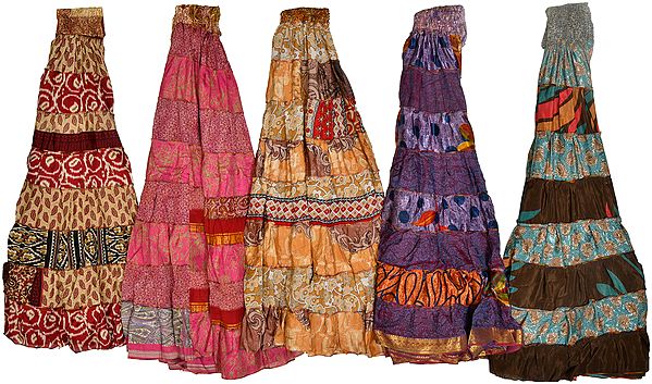 Lot of Five Floral-Printed Patchwork Sari Skirts with Wide Elastic Waist