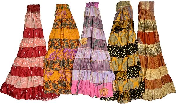 Lot of Five Multi-Colored Patchwork Sari Skirts with Wide Elastic Waist