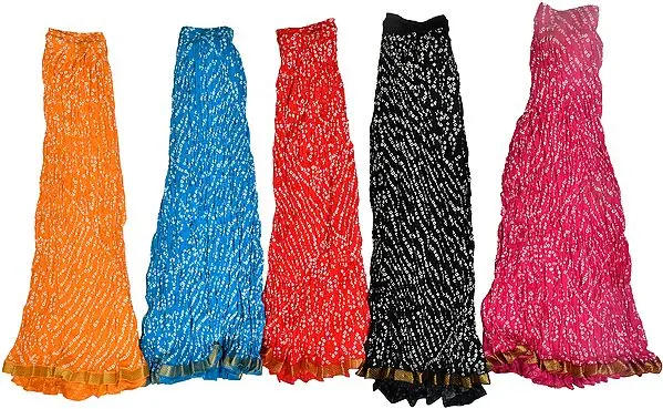 Lot of Five Bandhani Printed Skirts from Jodhpur with Gota Border