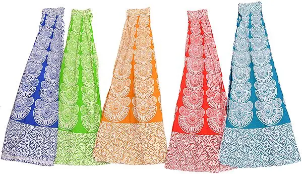 Lot of Five Wrap-Around Long Skirts with Block-Print in Pastel Colors