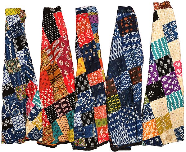 Lot of Five Wrap-Around Patchwork Long Skirts with Block Print