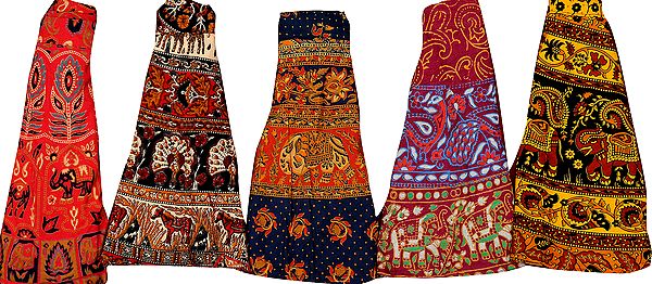 Lot of Five Wrap-Around Sanganeri Printed Mini-Skirts