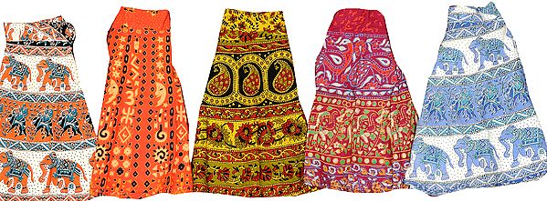 Lot of Five Wrap-Around Mini Skirts with Sanganeri Print
