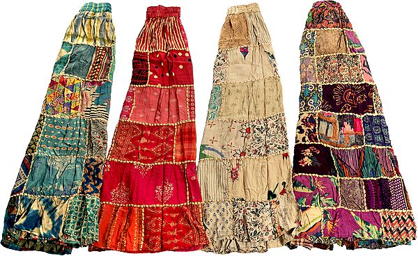 Lot of Four Long Printed Dori Skirt from Gujarat with Patch Work