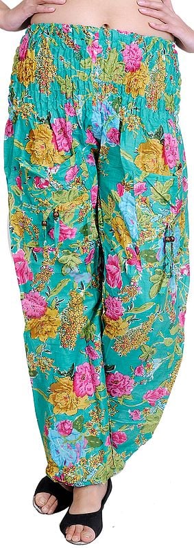 Marine-Green Casual Trousers With Printed Flowers