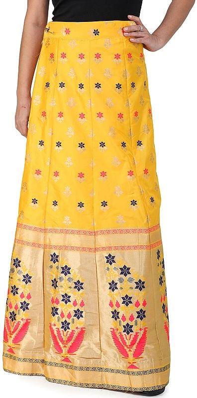 Wrap-On Long Brocade Skirt from Gujarat with Geometric Flower Motifs All-Over and Golden Border