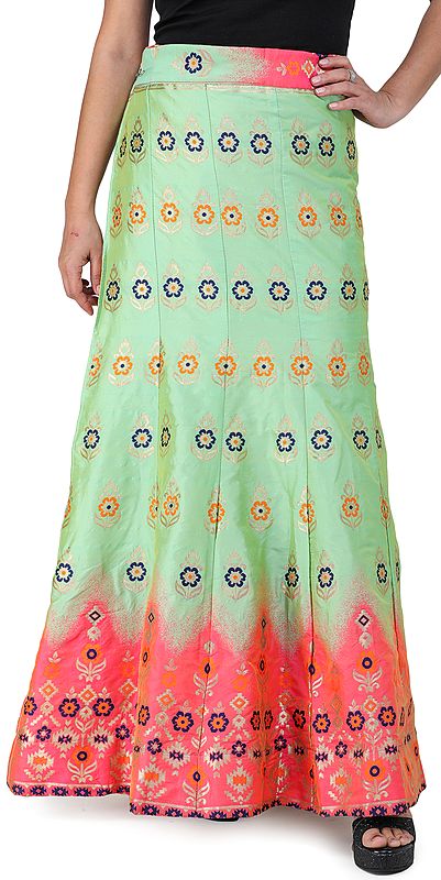 Kiwi-Green Long Brocade Drawstring Skirt from Gujarat with Flower Motifs All-Over and Pink Border
