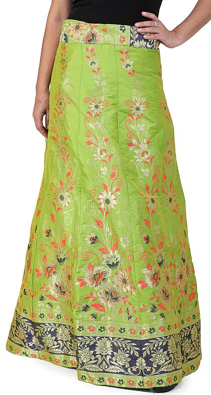 Titanite-Green Long Brocade Drawstring Skirt from Gujarat with Floral Vines