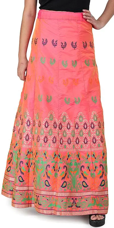 Coral-Paradise Long Brocade Drawstring Skirt from Gujarat with Peacock Motifs (Dual-Tone)