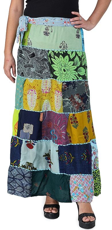 Printed Long Boho Wrap-On Long Skirt from Gujarat with Patch Work