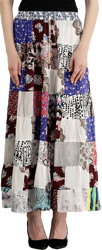 Long Printed Boho Skirt from Gujarat with Patch Work and Dori on Waist