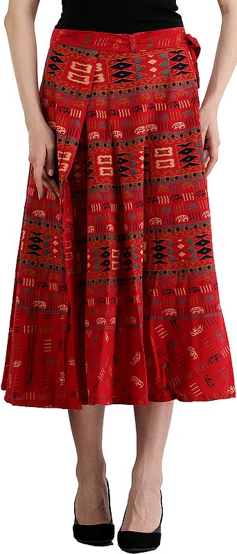 Tango-Red Wrap-Around Midi Skirt with Printed Folk Motifs and Elephants
