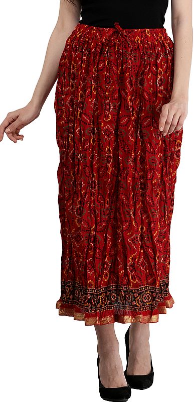 Rococco-Red Elastic Long Skirt with Bandhani Print and Gota Border