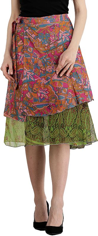 Piquant-Green and Pink Wrap-Around Layered Vintage Sari Magic Skirt with Floral-Print