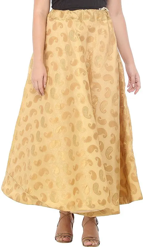 Moccasin Long Lehenga Skirt  from Gujarat with Zari Woven Golden Paisleys All-Over