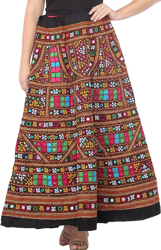 Ghagra Skirt from Gujarat with Aari Embroidered Multicolor Patches and Mirrors