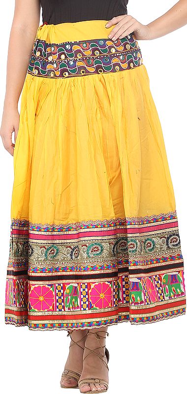 Spectram-Yellow Ghagra Skirt from Gujarat with Embroidered Florals and Elephants Patch Border