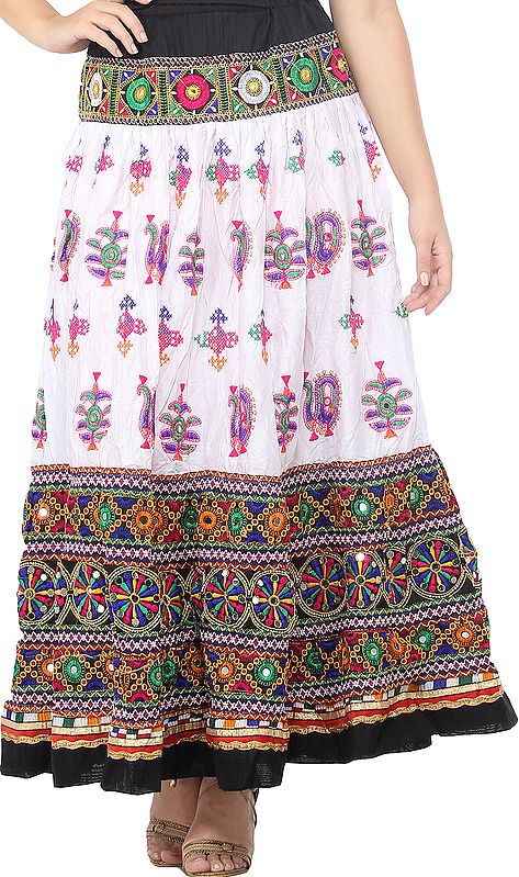 White and Black Ghagra Skirt from Kutch with Multicolor Thread Embroidered Florals  and Mirrors