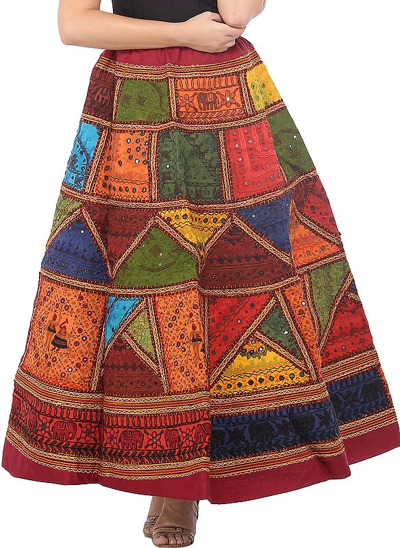Deep-Claret Ghagra Skirt from Gujarat with Aari Embroidered Kutch Patches and Mirrors
