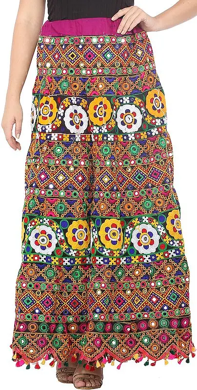 Ink-Black Ghagra Skirt from Kutch with Aari Embroidered Florals and Mirrors