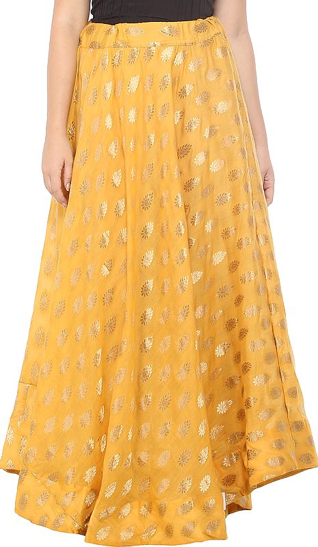 Artisan's Gold Long Skirt from Gujarat with Zari Woven Golden Bootis All-Over