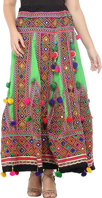 Classic-Green Ghagra Skirt from Gujarat with Embroidered Kutch Patches ...