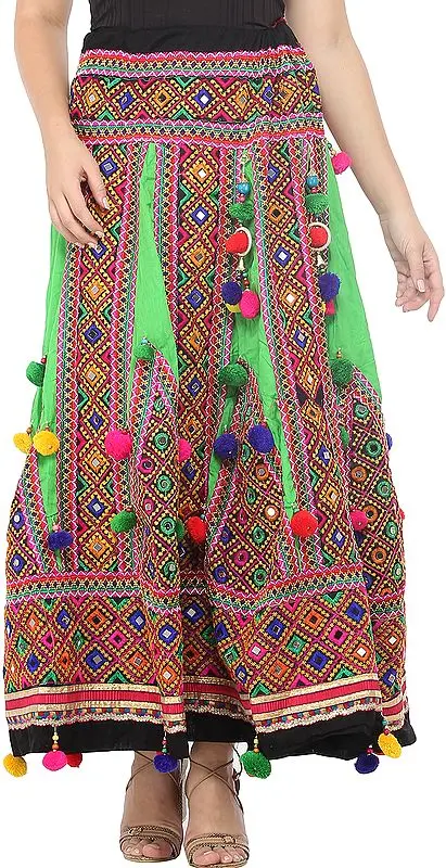 Classic-Green Ghagra Skirt from Gujarat with Embroidered Kutch Patches and Hanging Pompoms
